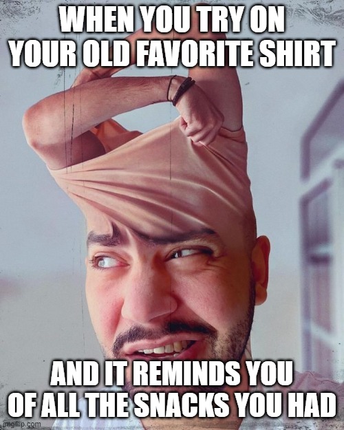 favorite shirt | WHEN YOU TRY ON YOUR OLD FAVORITE SHIRT; AND IT REMINDS YOU OF ALL THE SNACKS YOU HAD | image tagged in memes | made w/ Imgflip meme maker