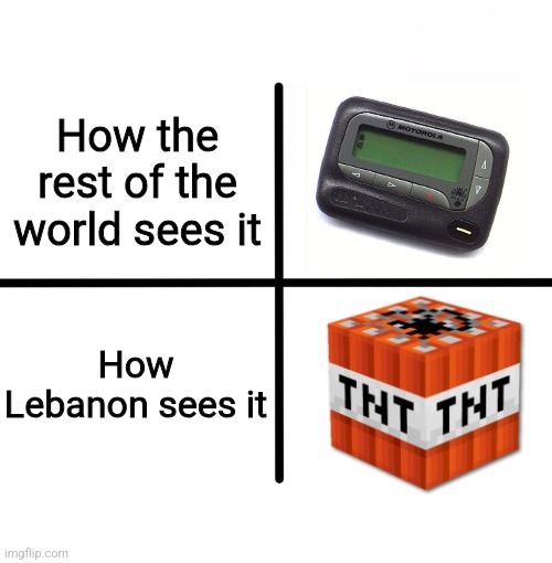 Not to be taken seriously | How the rest of the world sees it; How Lebanon sees it | image tagged in memes,blank starter pack,lebanon,political meme,bomb | made w/ Imgflip meme maker