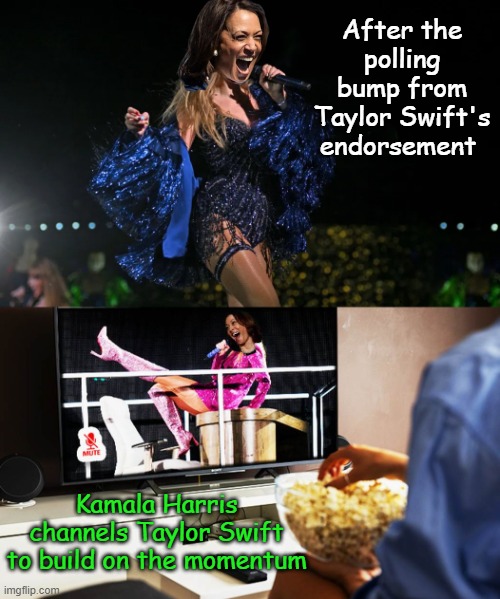 The next big optics move from the "Do Nothing, Say Anything" Harris Campaign | After the polling bump from Taylor Swift's endorsement; Kamala Harris channels Taylor Swift to build on the momentum | image tagged in taylor harris,taylor swift,kamala harris | made w/ Imgflip meme maker