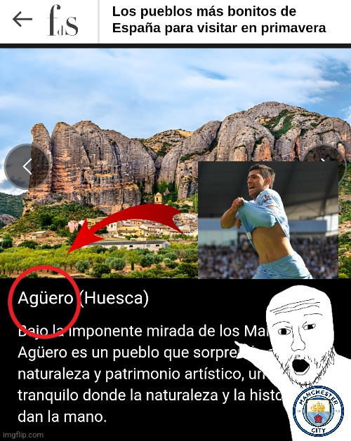 ¡¡¡¡¡¡AGÜEEEEEROOOOOO!!!!!! | el pueblo de España favorito de los aficionados de Man City, campeones de Inglaterra | image tagged in manchester city,aguero,spain,random | made w/ Imgflip meme maker