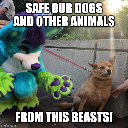 This means a war against the furry | SAFE OUR DOGS AND OTHER ANIMALS; FROM THIS BEASTS! | image tagged in dog afraid of furry | made w/ Imgflip meme maker