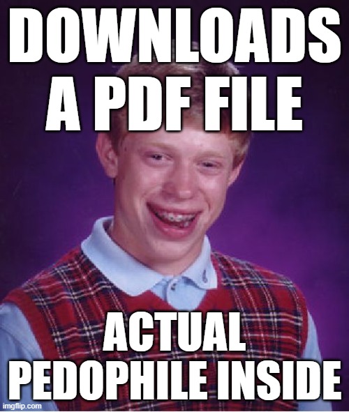 Why are we using PDF File as Pedophile now? | DOWNLOADS A PDF FILE; ACTUAL PEDOPHILE INSIDE | image tagged in memes,bad luck brian,pedophile | made w/ Imgflip meme maker