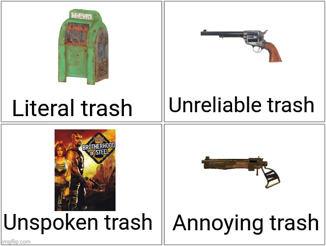 The Four Horsemen of Fallout Trash | Unreliable trash; Literal trash; Annoying trash; Unspoken trash | image tagged in memes,fallout | made w/ Imgflip meme maker