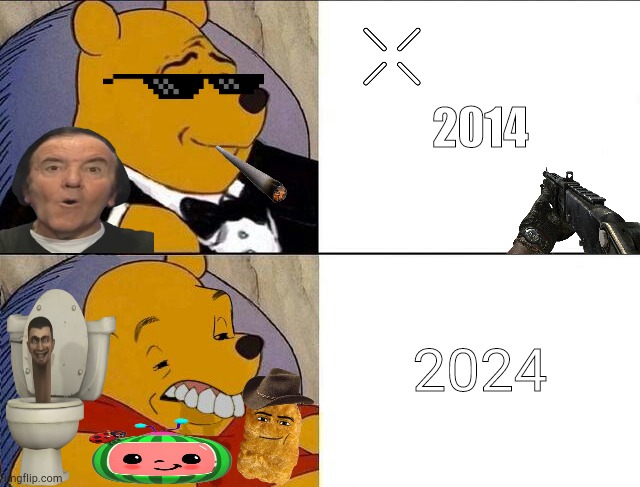 Tuxedo Winnie the Pooh grossed reverse | 2014; 2024 | image tagged in tuxedo winnie the pooh grossed reverse | made w/ Imgflip meme maker