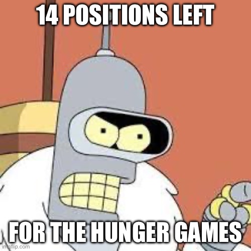 bender blackjack and hookers | 14 POSITIONS LEFT; FOR THE HUNGER GAMES | image tagged in bender blackjack and hookers | made w/ Imgflip meme maker
