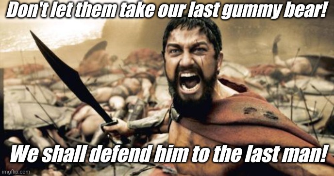 Boys shall fight | Don't let them take our last gummy bear! We shall defend him to the last man! | image tagged in memes,sparta leonidas | made w/ Imgflip meme maker