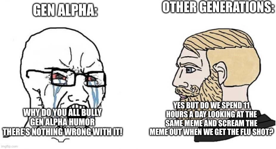 Wow. | OTHER GENERATIONS:; GEN ALPHA:; YES BUT DO WE SPEND 11 HOURS A DAY LOOKING AT THE SAME MEME AND SCREAM THE MEME OUT WHEN WE GET THE FLU SHOT? WHY DO YOU ALL BULLY GEN ALPHA HUMOR THERE’S NOTHING WRONG WITH IT! | image tagged in crying wojak vs chad,memes,funny memes,generation,gen alpha,roasted | made w/ Imgflip meme maker