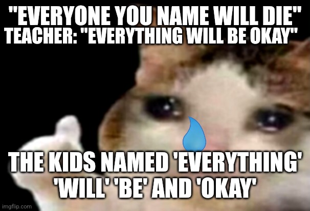 Sad cat thumbs up | "EVERYONE YOU NAME WILL DIE"; TEACHER: "EVERYTHING WILL BE OKAY"; THE KIDS NAMED 'EVERYTHING' 'WILL' 'BE' AND 'OKAY' | image tagged in sad cat thumbs up | made w/ Imgflip meme maker