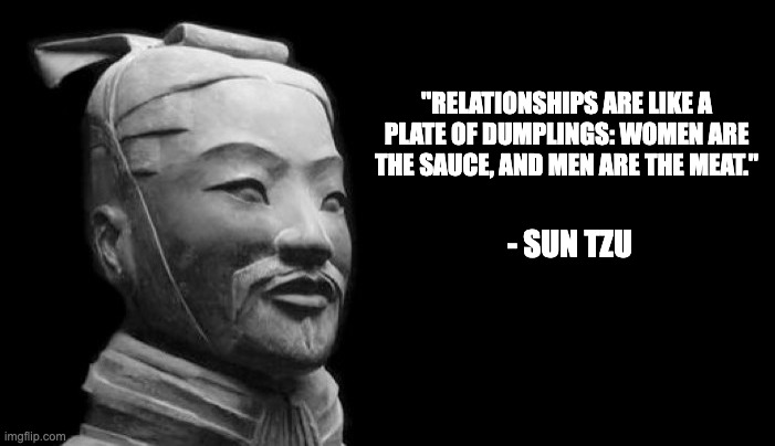 Guess this means I am a dumpling with sauce on the inside then | "RELATIONSHIPS ARE LIKE A PLATE OF DUMPLINGS: WOMEN ARE THE SAUCE, AND MEN ARE THE MEAT."; - SUN TZU | image tagged in sun tzu,dumplings,funny,meme,relationship,ancient wisdom | made w/ Imgflip meme maker