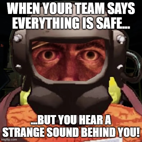 You know how it is sometimes... | WHEN YOUR TEAM SAYS EVERYTHING IS SAFE... ...BUT YOU HEAR A STRANGE SOUND BEHIND YOU! | image tagged in lethal company stare | made w/ Imgflip meme maker