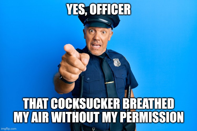 Uniform cop standing and pointing | YES, OFFICER; THAT COCKSUCKER BREATHED MY AIR WITHOUT MY PERMISSION | image tagged in uniform cop standing and pointing | made w/ Imgflip meme maker