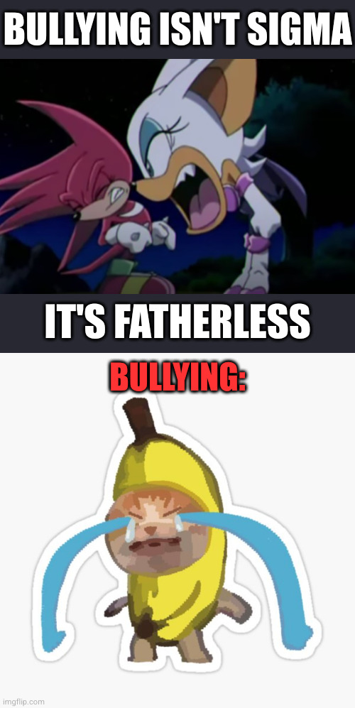 bullying comes from a long line of fatherless sons of bitches | BULLYING ISN'T SIGMA; BULLYING:; IT'S FATHERLESS | image tagged in rouge yelling at knuckles | made w/ Imgflip meme maker