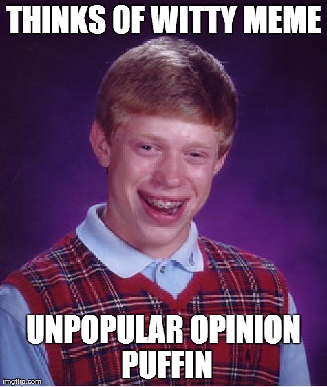 Bad Luck Brian | THINKS OF WITTY MEME UNPOPULAR OPINION PUFFIN | image tagged in memes,bad luck brian | made w/ Imgflip meme maker