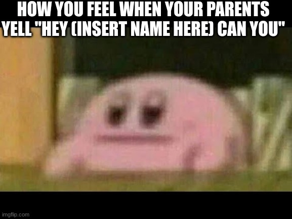 CHores suck | HOW YOU FEEL WHEN YOUR PARENTS YELL "HEY (INSERT NAME HERE) CAN YOU" | image tagged in kirby derp-face,chores,memes,relatable,funny,parents | made w/ Imgflip meme maker