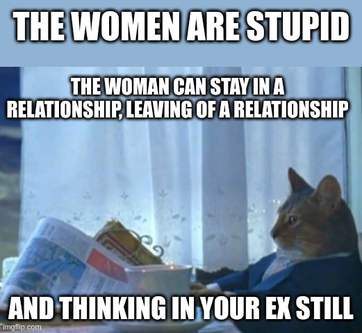 relationship | THE WOMEN ARE STUPID; THE WOMAN CAN STAY IN A RELATIONSHIP, LEAVING OF A RELATIONSHIP; AND THINKING IN YOUR EX STILL | image tagged in memes,i should buy a boat cat | made w/ Imgflip meme maker