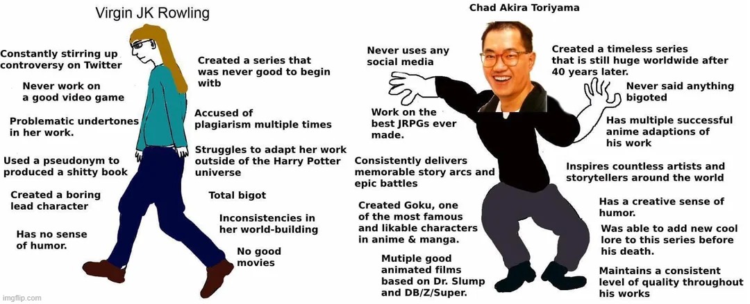 Akira Tomiyama left a huge impact on the world | image tagged in memes,funny,virgin vs chad,jk rowling,akira toriyama,lol | made w/ Imgflip meme maker