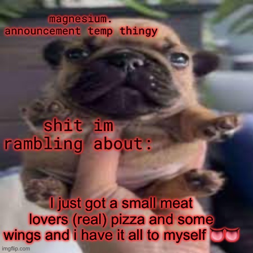 if I finish this, idk | I just got a small meat lovers (real) pizza and some wings and i have it all to myself 👅👅 | image tagged in pug temp | made w/ Imgflip meme maker