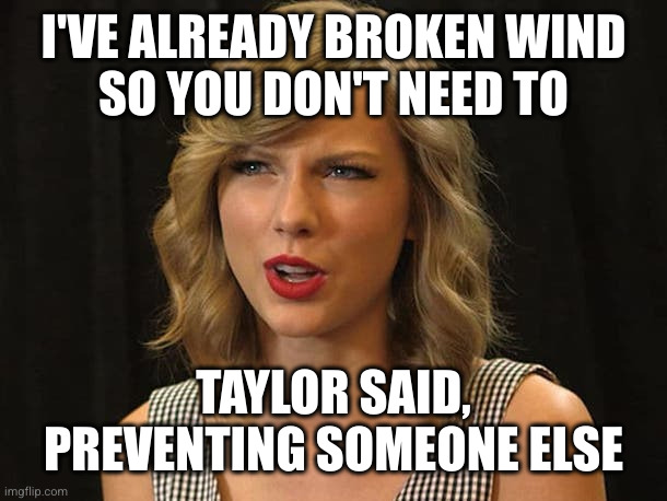 Taylor Swiftie | I'VE ALREADY BROKEN WIND
SO YOU DON'T NEED TO TAYLOR SAID, PREVENTING SOMEONE ELSE | image tagged in taylor swiftie | made w/ Imgflip meme maker