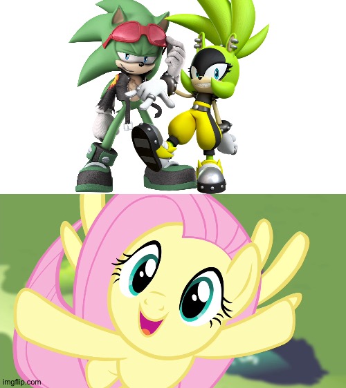 Fluttershy loves Scourge and Surge as a couple | image tagged in very happy fluttershy mlp | made w/ Imgflip meme maker