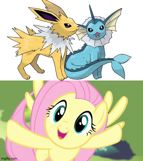 Fluttershy loves Jolteon and Vaporeon as a couple | image tagged in very happy fluttershy mlp | made w/ Imgflip meme maker