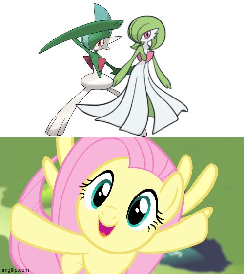 Even Fluttershy loves Gallade and Gardevoir as a couple | image tagged in very happy fluttershy mlp | made w/ Imgflip meme maker