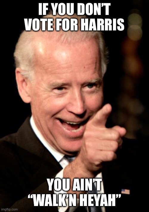 Smilin Biden Meme | IF YOU DON’T VOTE FOR HARRIS YOU AIN’T “WALK’N HEYAH” | image tagged in memes,smilin biden | made w/ Imgflip meme maker