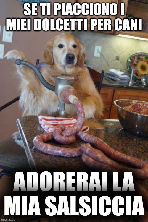 dog sausages | SE TI PIACCIONO I MIEI DOLCETTI PER CANI ADORERAI LA MIA SALSICCIA | image tagged in dog sausages | made w/ Imgflip meme maker