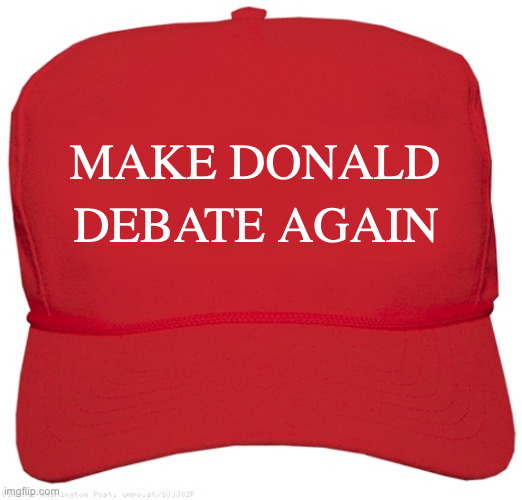 Make Donald Debate Again | MAKE DONALD; DEBATE AGAIN | image tagged in blank red maga hat | made w/ Imgflip meme maker