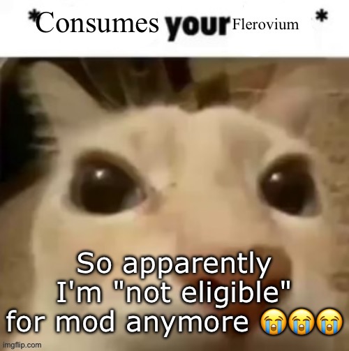 Yakko consumes your flerovium | So apparently I'm "not eligible" for mod anymore 😭😭😭 | image tagged in yakko consumes your flerovium | made w/ Imgflip meme maker