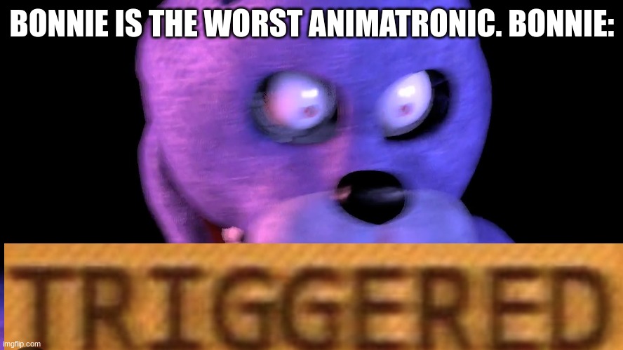 Angry Bonnie | BONNIE IS THE WORST ANIMATRONIC. BONNIE: | image tagged in angry bonnie | made w/ Imgflip meme maker