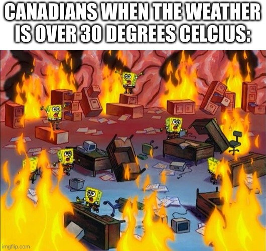 as a Canadian, I confirm this is true | CANADIANS WHEN THE WEATHER IS OVER 30 DEGREES CELCIUS: | image tagged in spongebob fire,relatable | made w/ Imgflip meme maker