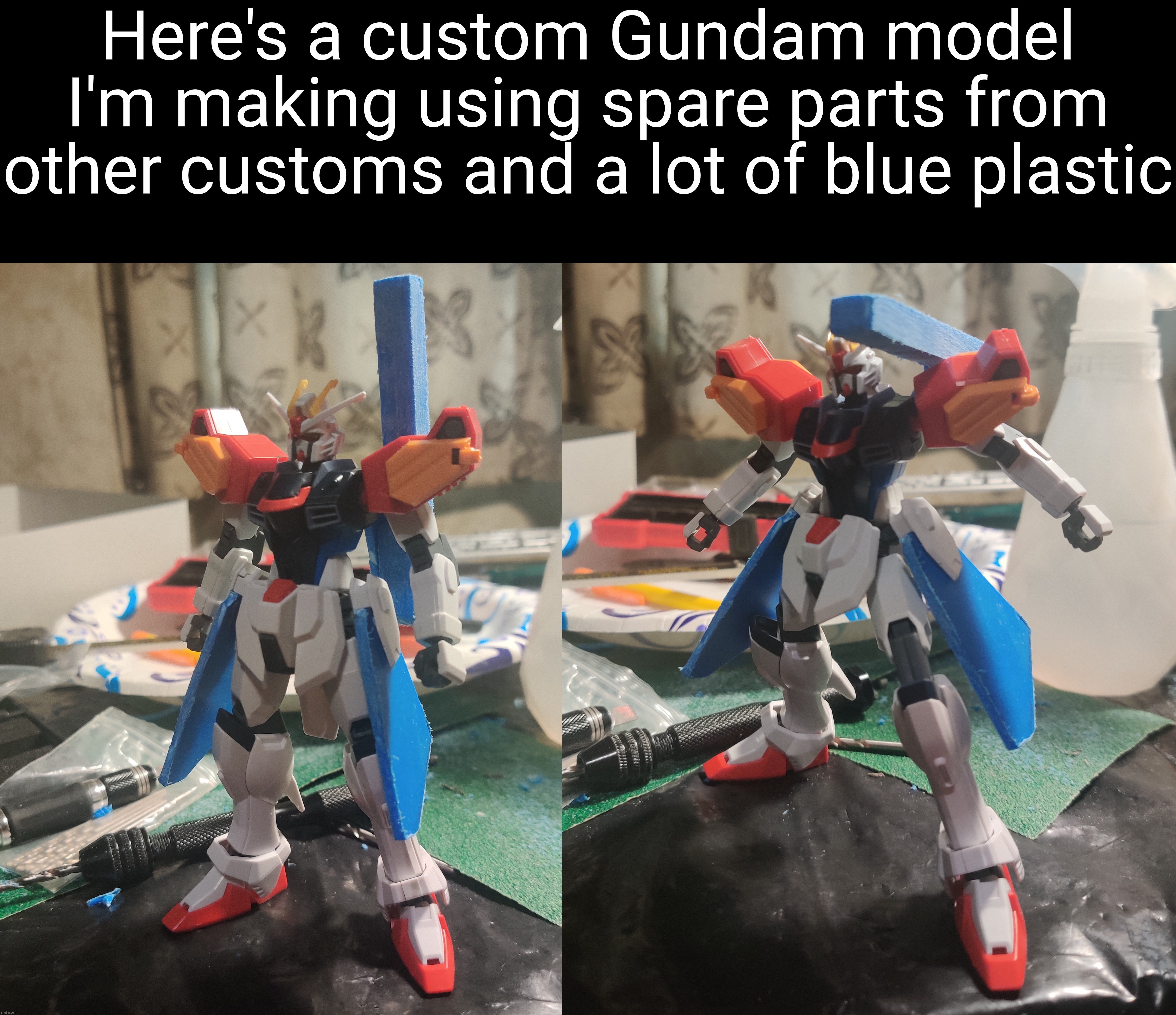 So far the over-the-shoulder cannon has been the hardest part | Here's a custom Gundam model I'm making using spare parts from other customs and a lot of blue plastic | made w/ Imgflip meme maker