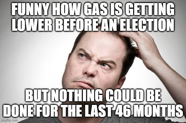 Gas is getting lower | FUNNY HOW GAS IS GETTING LOWER BEFORE AN ELECTION; BUT NOTHING COULD BE DONE FOR THE LAST 46 MONTHS | image tagged in confused | made w/ Imgflip meme maker