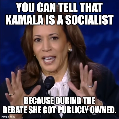 Kamala debate | YOU CAN TELL THAT KAMALA IS A SOCIALIST; BECAUSE DURING THE DEBATE SHE GOT PUBLICLY OWNED. | image tagged in kamala debate | made w/ Imgflip meme maker