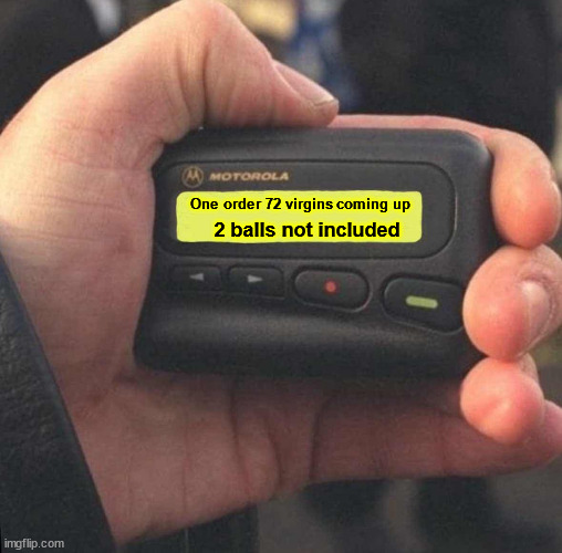 pager in hand | One order 72 virgins coming up 2 balls not included | image tagged in pager in hand | made w/ Imgflip meme maker