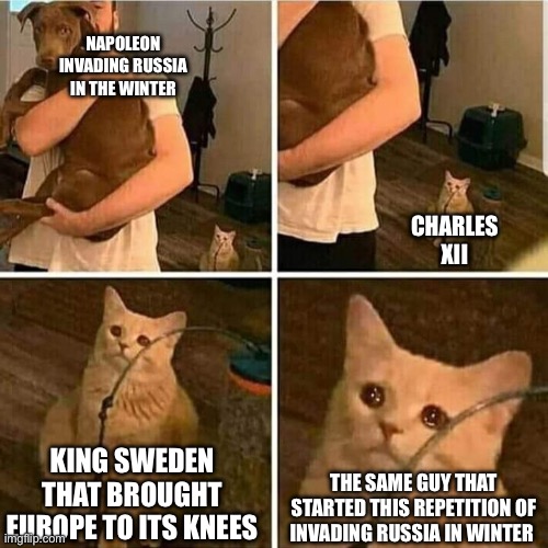 Anybody? Anybody, Really? | NAPOLEON INVADING RUSSIA IN THE WINTER; CHARLES XII; KING SWEDEN THAT BROUGHT EUROPE TO ITS KNEES; THE SAME GUY THAT STARTED THIS REPETITION OF INVADING RUSSIA IN WINTER | image tagged in sad cat holding dog,history | made w/ Imgflip meme maker