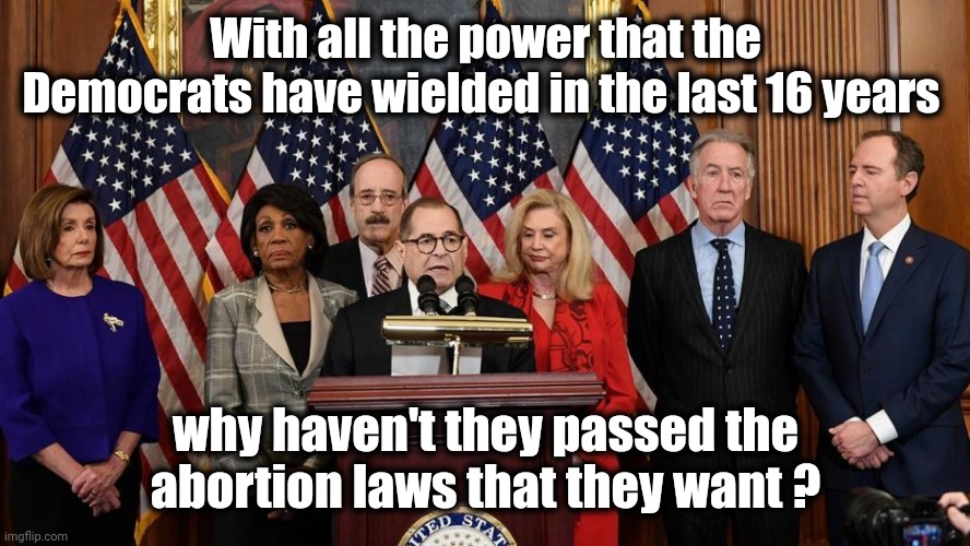 House Democrats | With all the power that the Democrats have wielded in the last 16 years why haven't they passed the abortion laws that they want ? | image tagged in house democrats | made w/ Imgflip meme maker