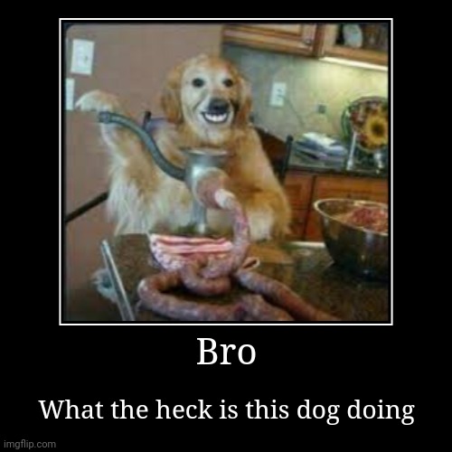 Meat Dog (idk if those are intestines) | Bro | What the heck is this dog doing | image tagged in funny,demotivationals | made w/ Imgflip demotivational maker