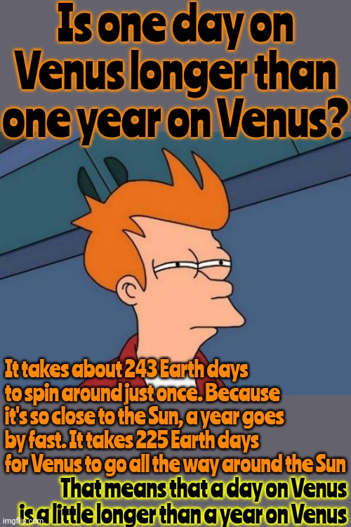 It's Complicated | Is one day on Venus longer than one year on Venus? It takes about 243 Earth days to spin around just once. Because it's so close to the Sun, a year goes by fast. It takes 225 Earth days for Venus to go all the way around the Sun; That means that a day on Venus is a little longer than a year on Venus | image tagged in memes,futurama fry,venus,i don't want to live on this planet anymore,let's go,if you know you know | made w/ Imgflip meme maker