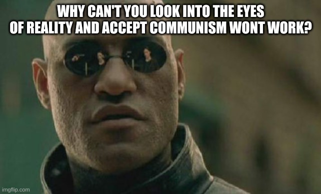 Matrix Morpheus | WHY CAN'T YOU LOOK INTO THE EYES OF REALITY AND ACCEPT COMMUNISM WONT WORK? | image tagged in memes,matrix morpheus | made w/ Imgflip meme maker