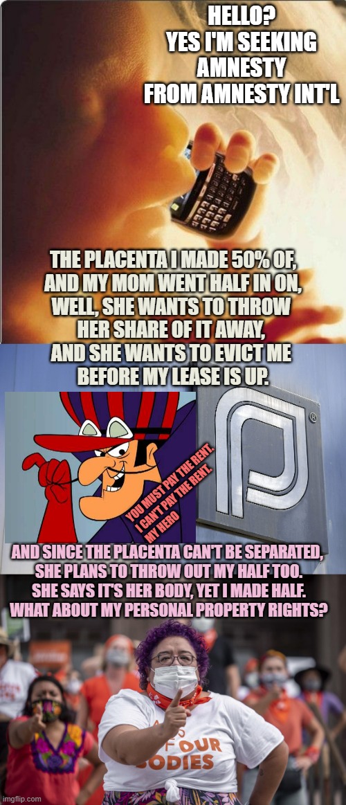 HELLO?
YES I'M SEEKING
AMNESTY
FROM AMNESTY INT'L THE PLACENTA I MADE 50% OF,
AND MY MOM WENT HALF IN ON,
WELL, SHE WANTS TO THROW 
HER SHAR | image tagged in baby in womb on cell phone - fetus blackberry,planned parenthood,pro choice | made w/ Imgflip meme maker