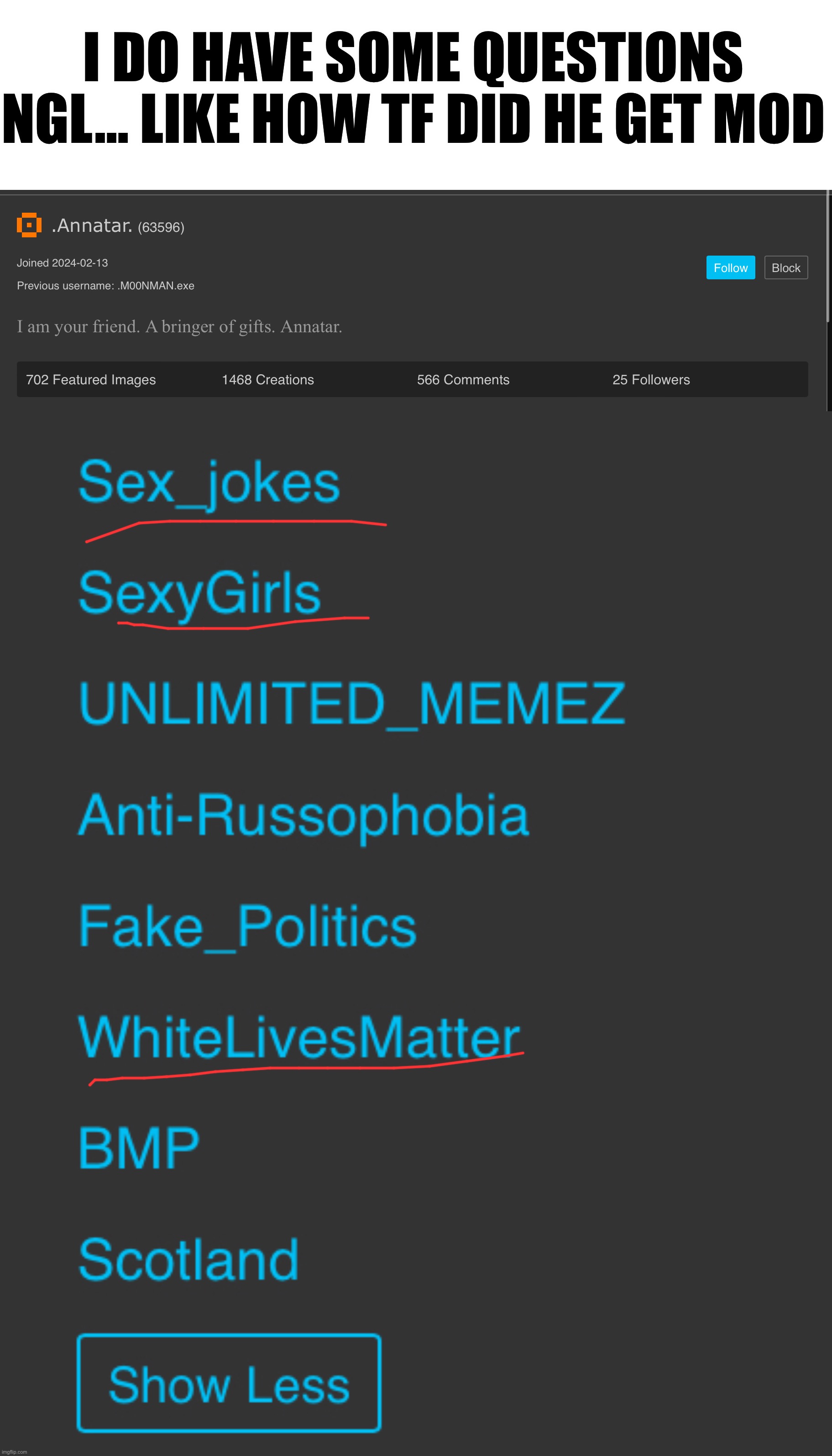 This site’s becoming more and more like a p0rn site ;-; | I DO HAVE SOME QUESTIONS NGL… LIKE HOW TF DID HE GET MOD | made w/ Imgflip meme maker