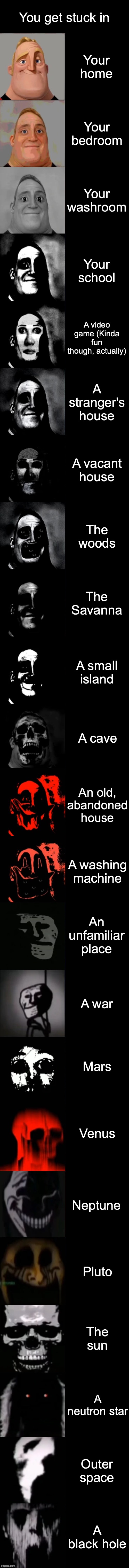 Mr. Incredible Becoming Uncanny Extended HD | You get stuck in; Your home; Your bedroom; Your washroom; Your school; A video game (Kinda fun though, actually); A stranger's house; A vacant house; The woods; The Savanna; A small island; A cave; An old, abandoned house; A washing machine; An unfamiliar place; A war; Mars; Venus; Neptune; Pluto; The sun; A neutron star; Outer space; A black hole | image tagged in mr incredible becoming uncanny extended hd | made w/ Imgflip meme maker