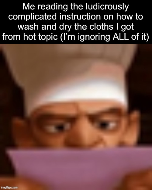 . | Me reading the ludicrously complicated instruction on how to wash and dry the cloths I got from hot topic (I’m ignoring ALL of it) | image tagged in skinner reading a letter | made w/ Imgflip meme maker