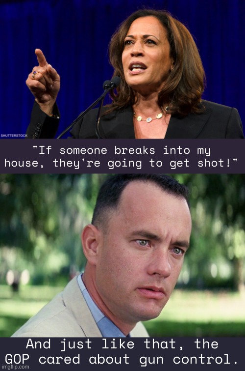 Pistol-grip pump on my lap at all times. | "If someone breaks into my house, they're going to get shot!"; And just like that, the GOP cared about gun control. | image tagged in kamala harris,memes,and just like that | made w/ Imgflip meme maker