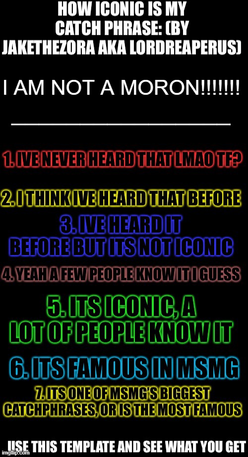 How iconic is my catchphrase | I AM NOT A MORON!!!!!!! | image tagged in how iconic is my catchphrase | made w/ Imgflip meme maker