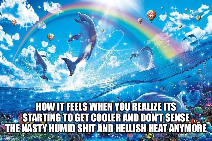 autumn has came yeahhhhh | HOW IT FEELS WHEN YOU REALIZE ITS STARTING TO GET COOLER AND DON'T SENSE THE NASTY HUMID SHIT AND HELLISH HEAT ANYMORE | image tagged in happy dolphin rainbow,dolphin,rainbow | made w/ Imgflip meme maker