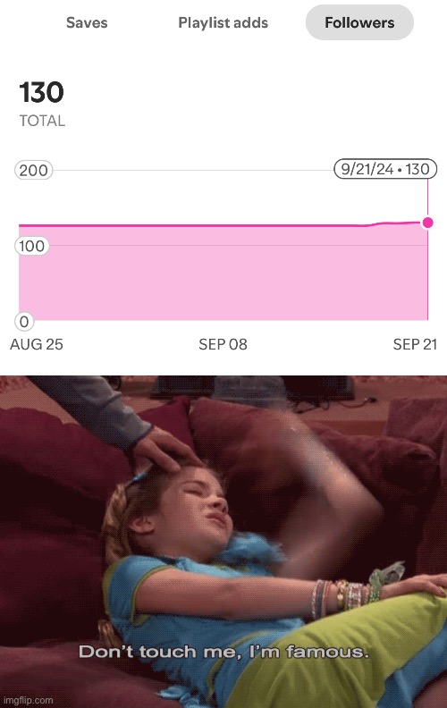 130 Spotify followers yippee | image tagged in don't touch me i'm famous | made w/ Imgflip meme maker