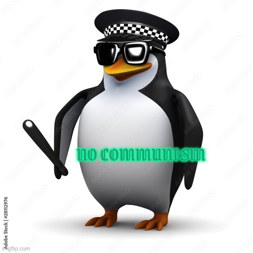 No communist penguin | NO COMMUNISM | image tagged in 3d penguin in police costume | made w/ Imgflip meme maker