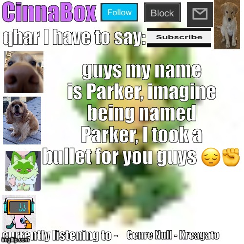 /j I love my name actually, just following the hive mind | guys my name is Parker, imagine being named Parker, I took a bullet for you guys 😔✊; Genre Null - Kreagato | image tagged in cinnabox s 144p leavanny temp | made w/ Imgflip meme maker